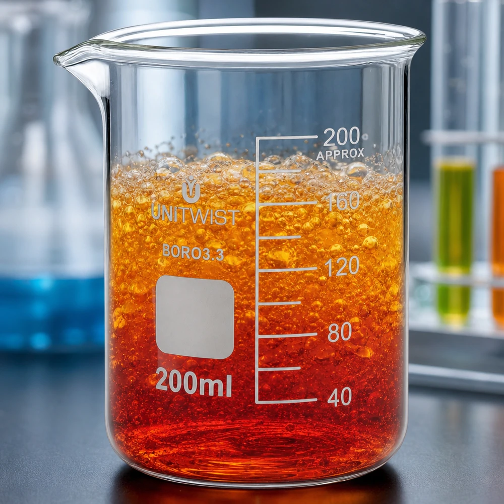 Becherglas 200ml Borosilikat, niedrige Form UNiTWIST Siedende orangerote Flüssigkeit in 200ml Becherglas Borosilikat niedriger Form von UNiTWIST