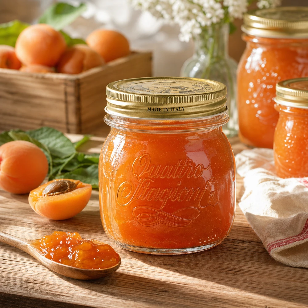 250ml Rundglas "Quattro Stagioni" mit Deckel Quattro Stagioni Rundglas 250ml mit Schraubdeckel gefüllt mit Aprikosenmarmelade auf Holztisch mit frischen Aprikosen