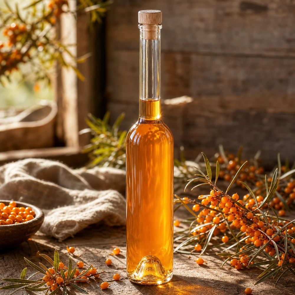 100ml Glasflasche Hugo mit Sanddornöl gefüllt in herbstlicher Deko-Szene mit Sanddornzweigen und Beeren