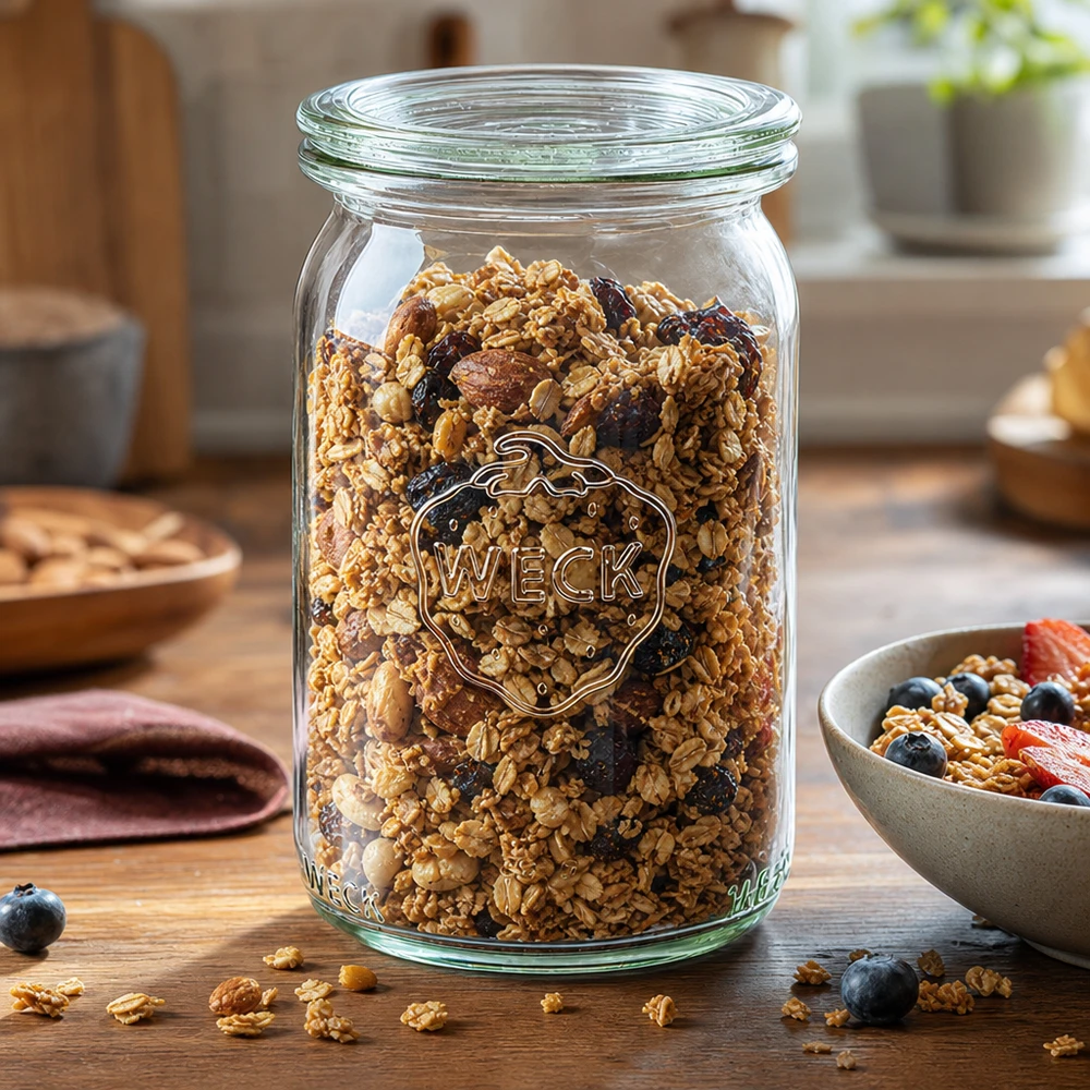 WECK 145ml Zylinderglas mit Müsli und Nüssen gefüllt als Vorratsglas auf Holztisch in moderner Küche