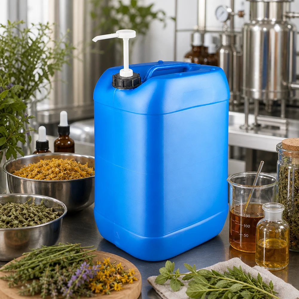 Kanister 25 Liter blau mit Dosierpumpe Kanister 25L blau mit Dosierpumpe für Kräuterextrakte und ätherische Öle in der Naturproduktion