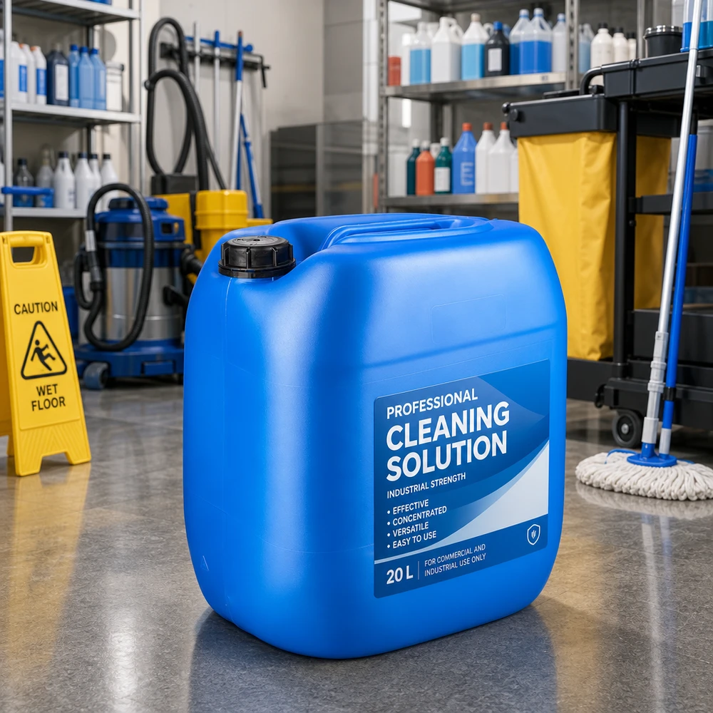 Kanister 30 Liter in Blau mit schwarzem OV-Deckel für Flüssigreiniger im Janitorial-Bereich