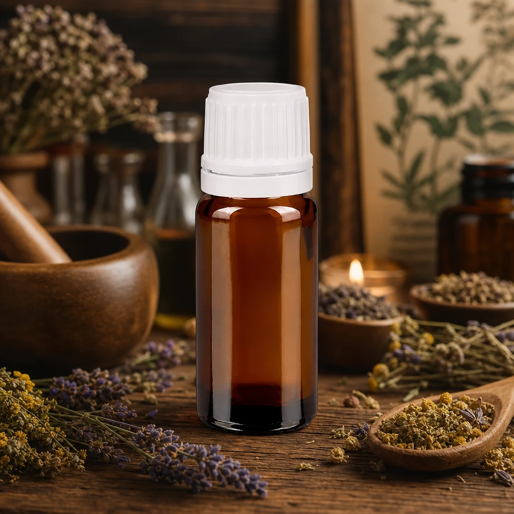 Schlanke 10ml Braunglasflasche mit weißem Verschluss auf rustikalem Holz mit Heilkräutern