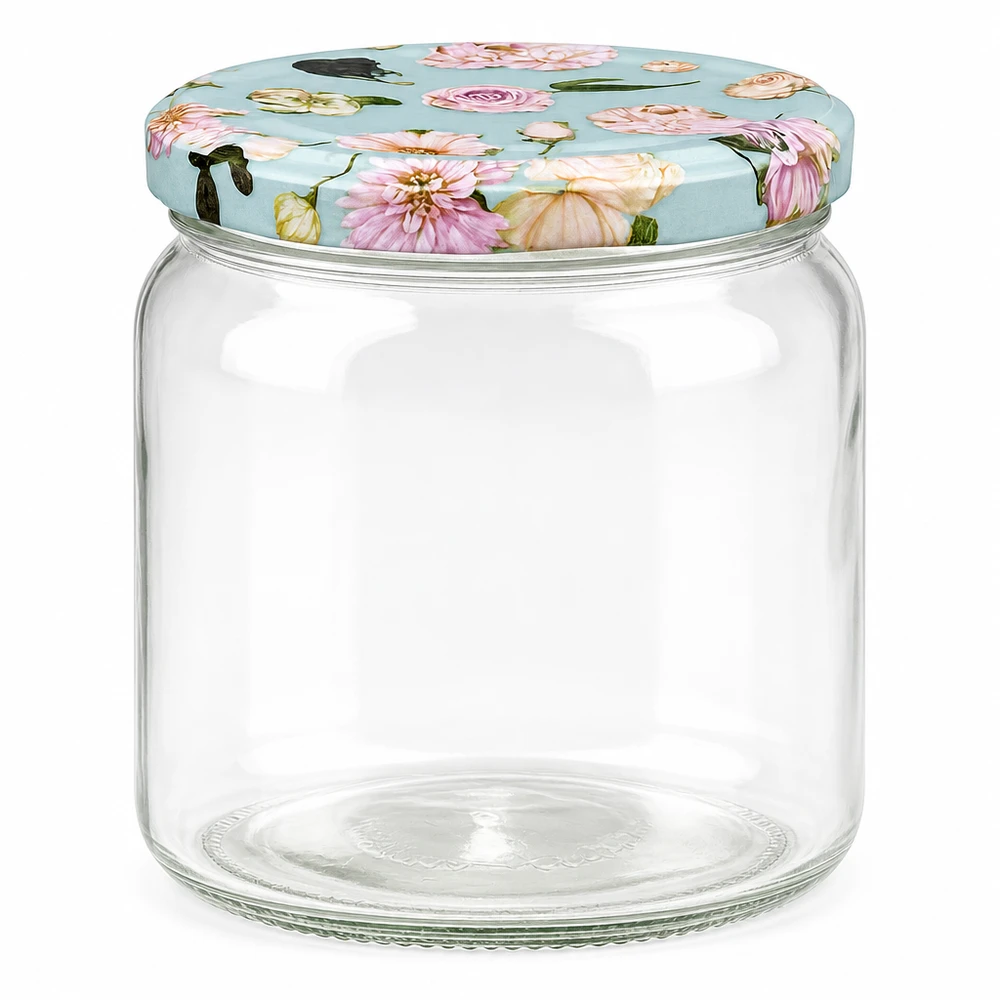 425ml Rundglas + BasicSeal Deckel Blume mint UNiTWIST 425ml Rundglas mit BasicSeal Deckel in Blume mint Design - leeres Einmachglas mit Blütenmuster auf hellblauem Hintergrun