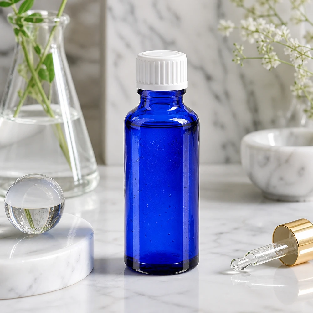 UV-Schutz Apothekerflasche blau 30ml mit weißem 11mm Verschluss für Öle und Tinkturen