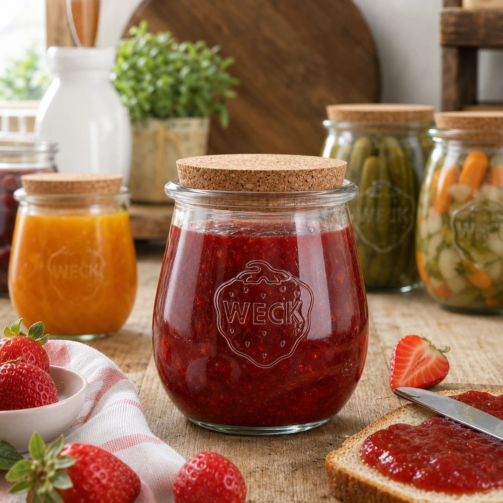 WECK Tulpenglas mit Korken gefüllt mit Erdbeermarmelade in gemütlicher Küchenumgebung mit frischen Früchten
