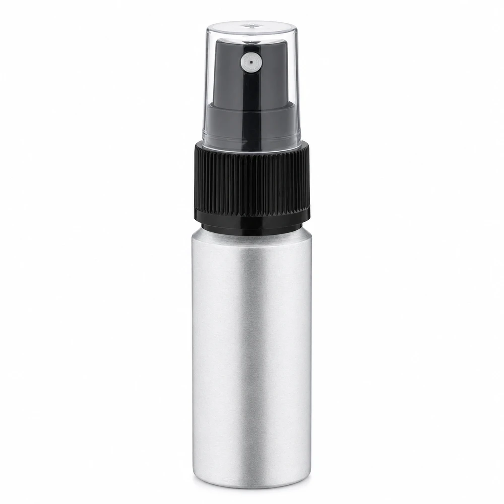 Zylindrische Aluminiumflasche 20ml mit schwarzem Sprühaufsatz matt silber