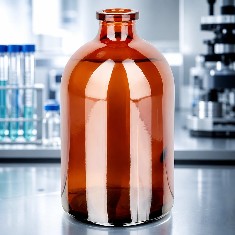 Injektionsflasche Braunglas 100ml Injektionsflasche 100ml Braunglas mit bauchiger Korpusform und engem Rollrandhals ohne Verschluss