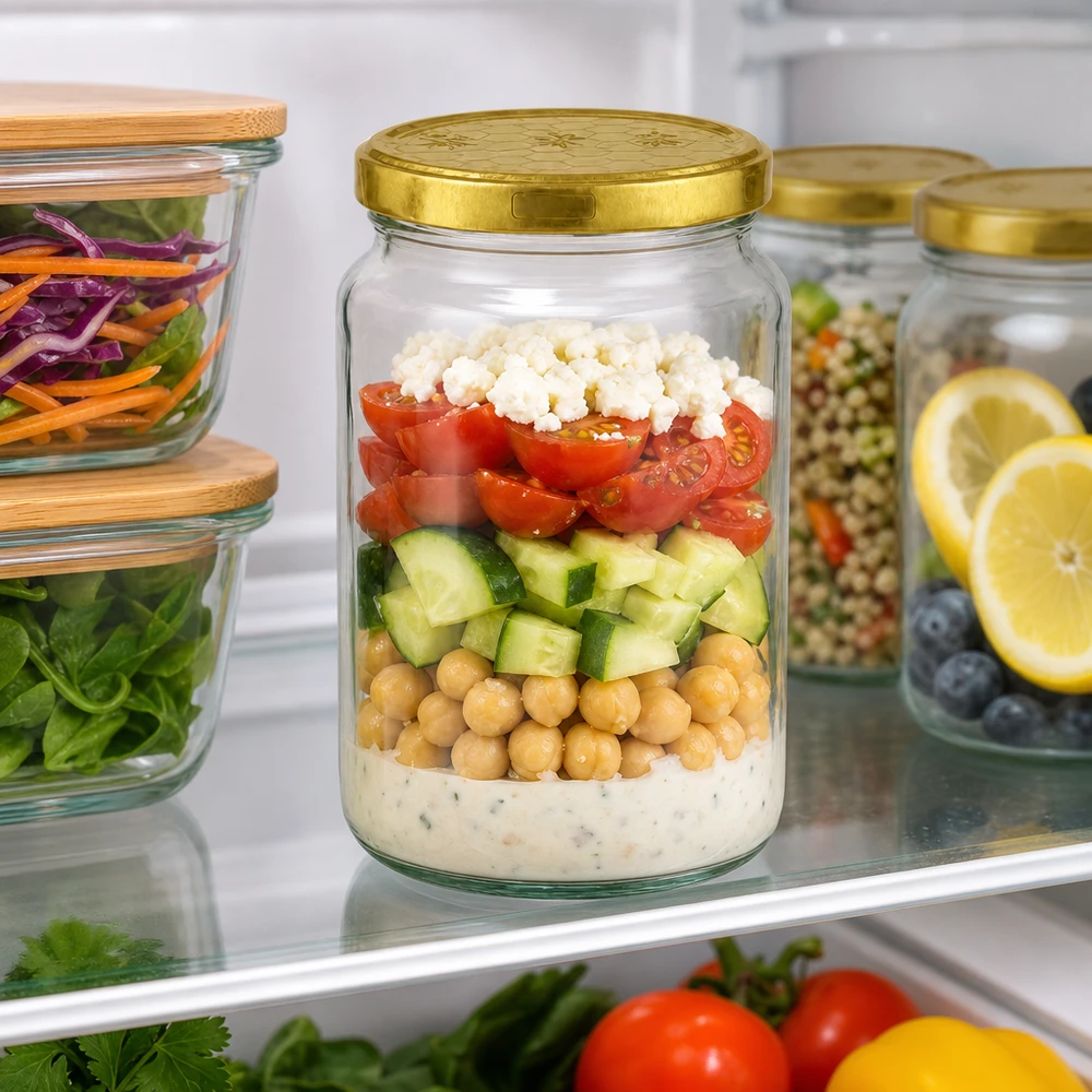 795ml Rundglas + BasicSeal Deckel Bienenwabe UNiTWIST 795ml Rundglas mit goldenem Deckel für Meal Prep Salat im Kühlschrank - perfekt für Vorratshaltung