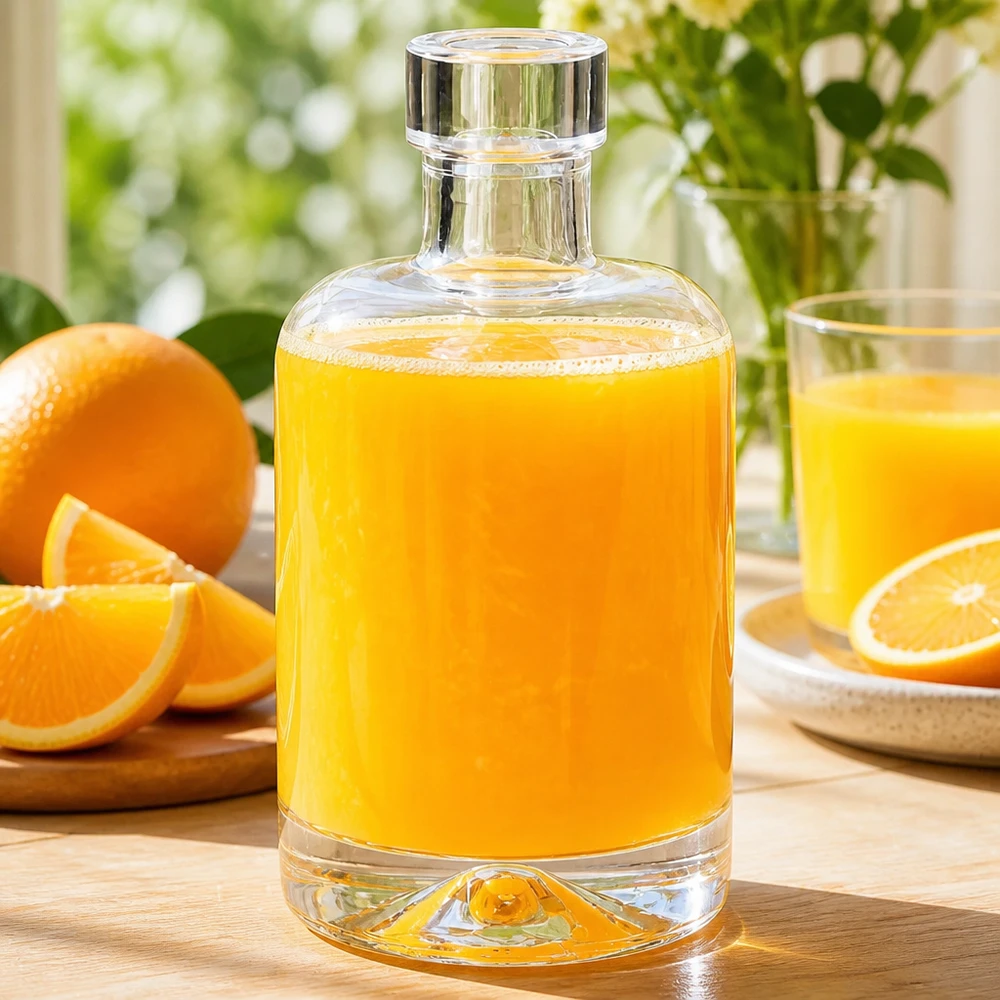 50ml Glasflasche "Attila" ohne Verschluss UNiTWIST® 50ml Glasflasche Amelie mit Orangensaft befüllt neben frischen Orangen zeigt Verwendung für Fruchtsäfte und Smoothies