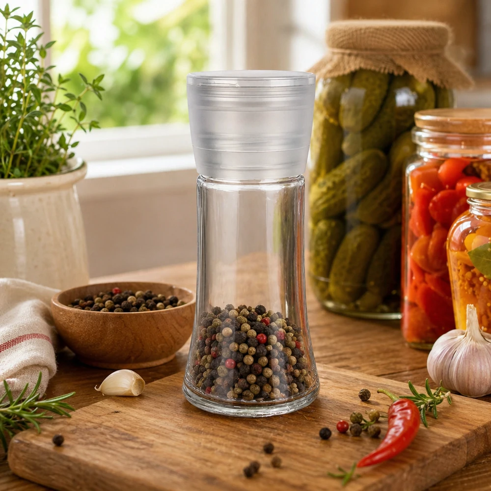 Salz-/Gewürzglas 95ml mit Mühle Vario weiss Kompakte Salzmühle Vario 95ml aus Klarglas mit Kunststoffmechanismus für Gewürzkörner