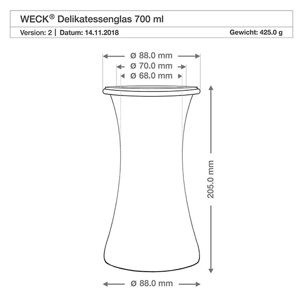 24er Set Weck Gläser 700 ml Delikatessen-Glas mit Glasdeckel WECK Delikatessenglas 700ml RR80 technische Zeichnung mit Maßangaben 88mm Durchmesser 205mm Höhe Produktspezifikation
