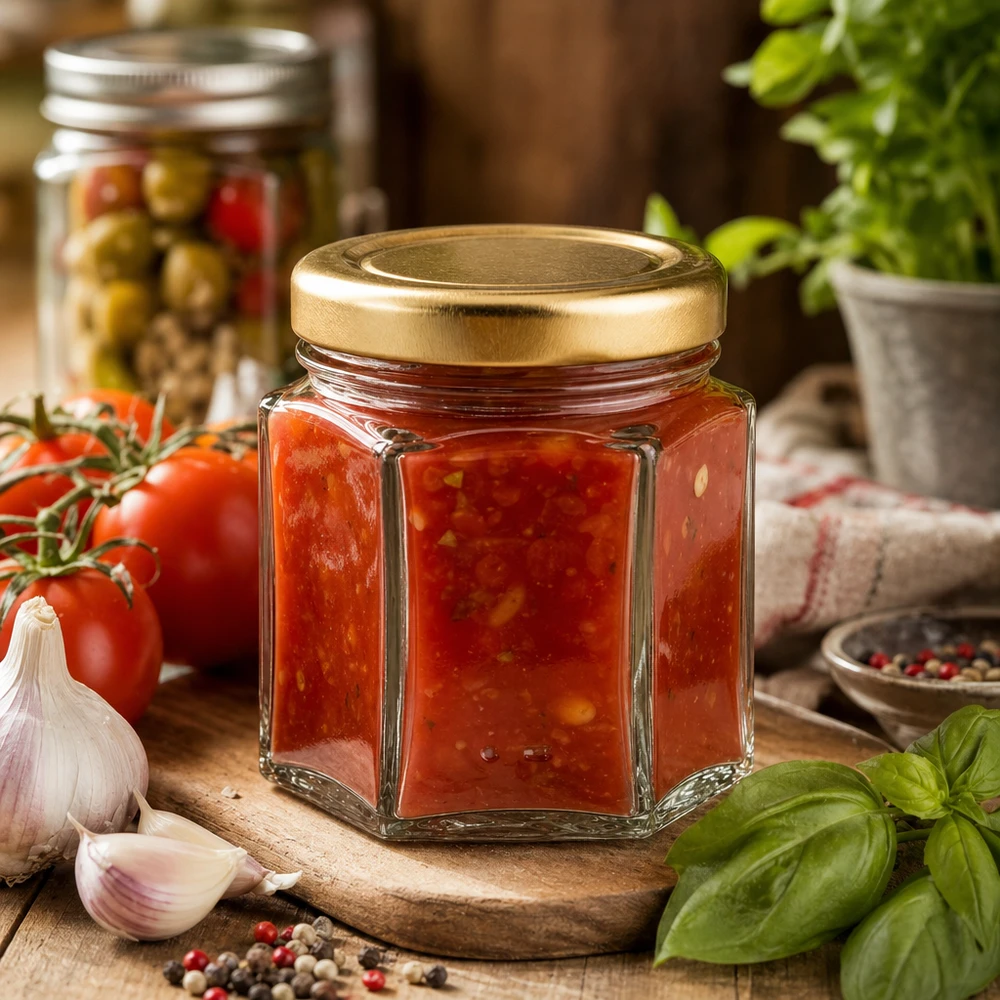 60g Honigglas hexagonal mit Tomatenmarmelade gefüllt umgeben von frischen Tomaten Knoblauch und Basilikum