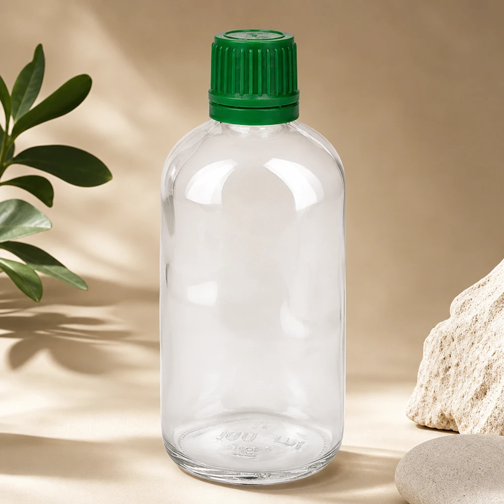 100ml Flasche 11mm Schraubverschluss grün Originalitätsverschluss ClearLine UT18/100 Hochwertige 100ml Klarglasflasche ClearLine UT18 grüner Sicherheitsverschluss Naturstein Deko