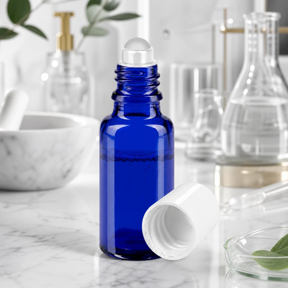 Kompakte 20ml Rollonflasche in Blau mit abgenommenem weißem Deckel auf Marmoruntergrund