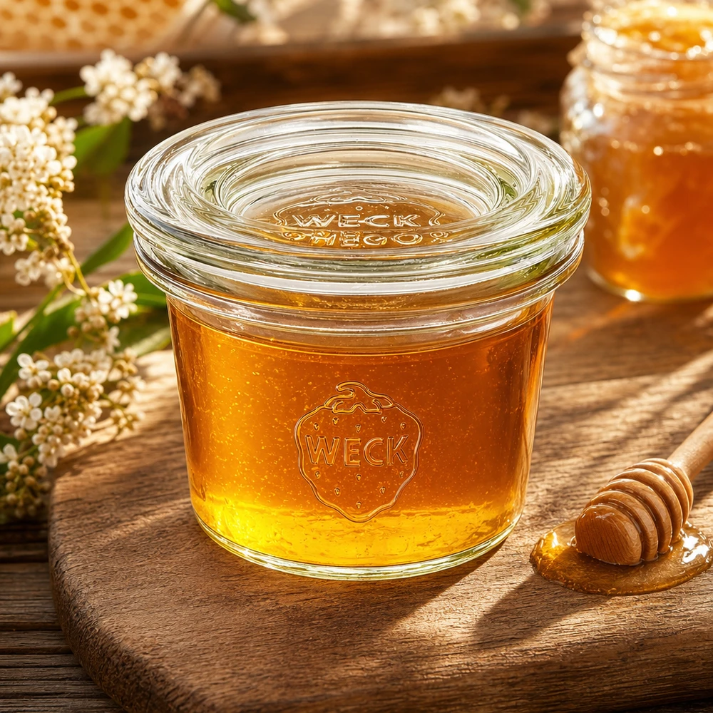 35ml Sturzglas mit Glasdeckel WECK RR40 WECK Sturzglas 35ml RR40 mit Honig gefüllt zwischen Blüten auf Holzbrett zeigt natürliche Verwendung