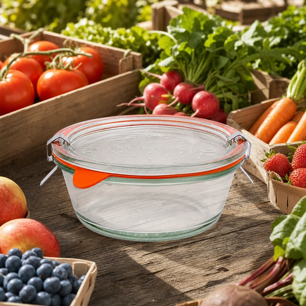 300ml Gourmetglas komplett WECK RR120 WECK Gourmetglas 300ml RR120 umgeben von frischem Marktgemüse in Holzkisten, nachhaltige Glaskonservierung