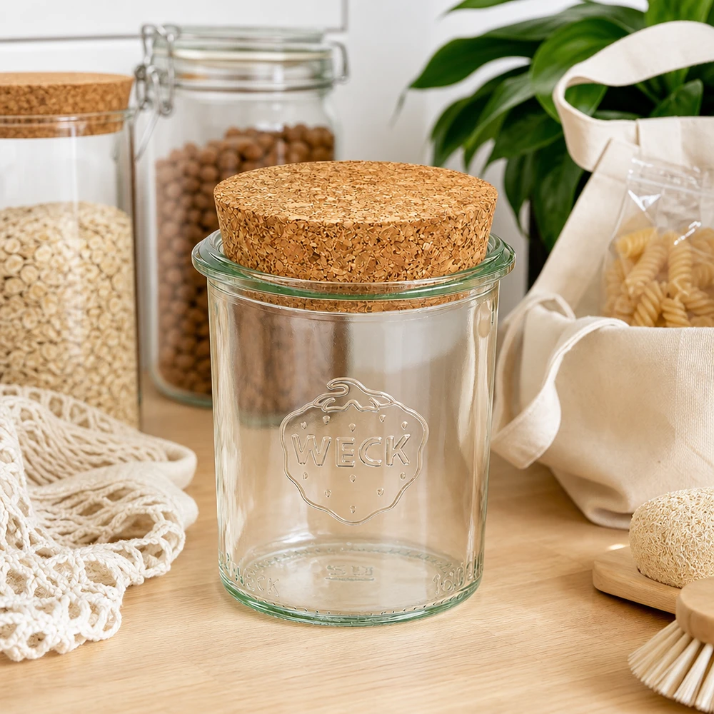 WECK Vorratsglas 160ml RR60 mit Korkdeckel in nachhaltiger Zero-Waste Küche zwischen Vorratsgläsern und Naturtextilien