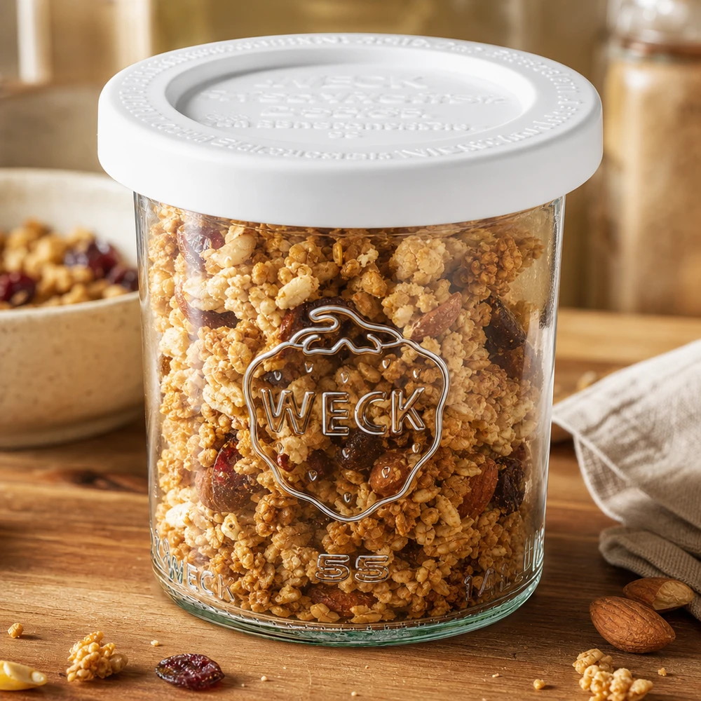 140ml Sturzglas mit Frischedeckel WECK RR60 WECK Sturzglas 140ml RR60 mit Müsli und Nüssen befüllt - vielseitiges Vorratsglas für trockene Lebensmittel