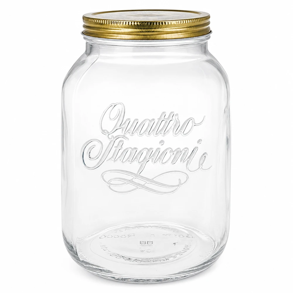 3000ml Rundglas "Quattro Stagioni" mit Deckel Leeres 3000ml Quattro Stagioni Rundglas mit goldenem Schraubdeckel und geprägtem Logo auf weißem Hintergrund
