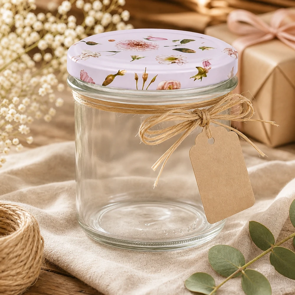 Sturzglas 350ml BasicSeal rosa Blumendekor als Geschenkidee mit Juteschleife Kraftpapier-Anhänger Dekoration