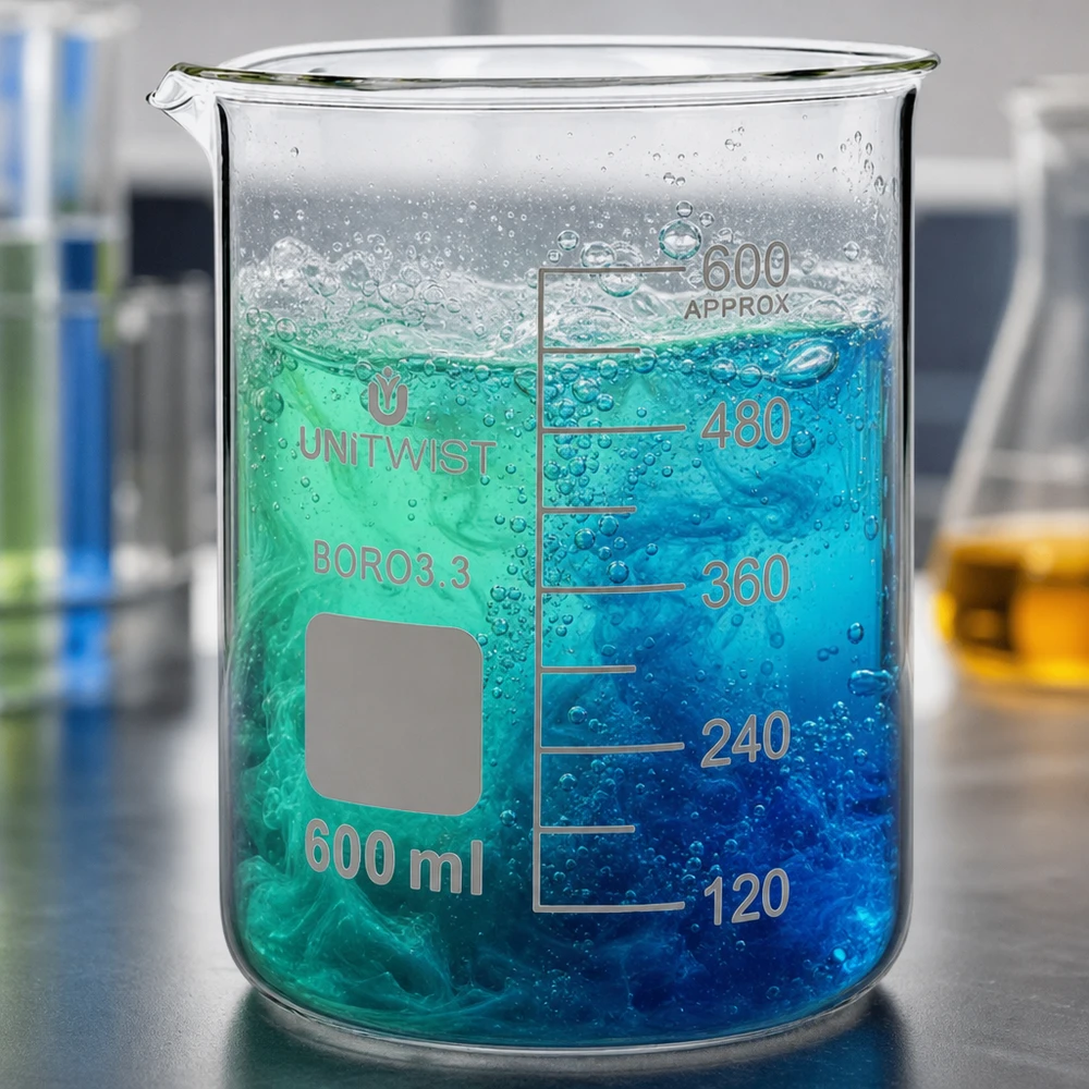Transparentes Becherglas 600ml UNiTWIST Borosilikat mit sprudelnder Farbstofflösung