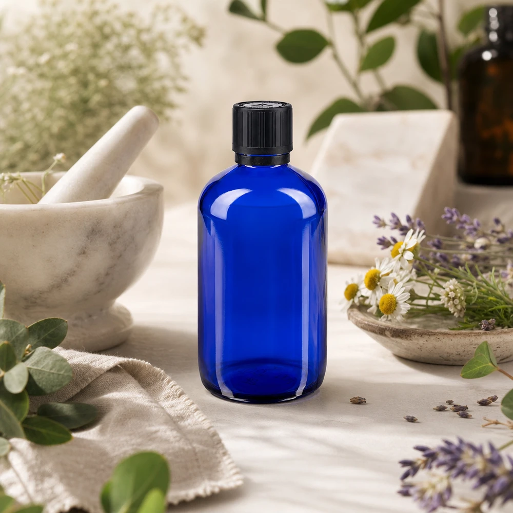 Apothekenflasche blau 100ml Tropfer Premium 1mm schwarz Kindersicherung Blindenwarnsymbol Originalitätsverschluss Rundschulter Apothekerflasche 100ml kobaltblau mit schwarzem Kindersicherheitsverschluss und Tropfeinsatz