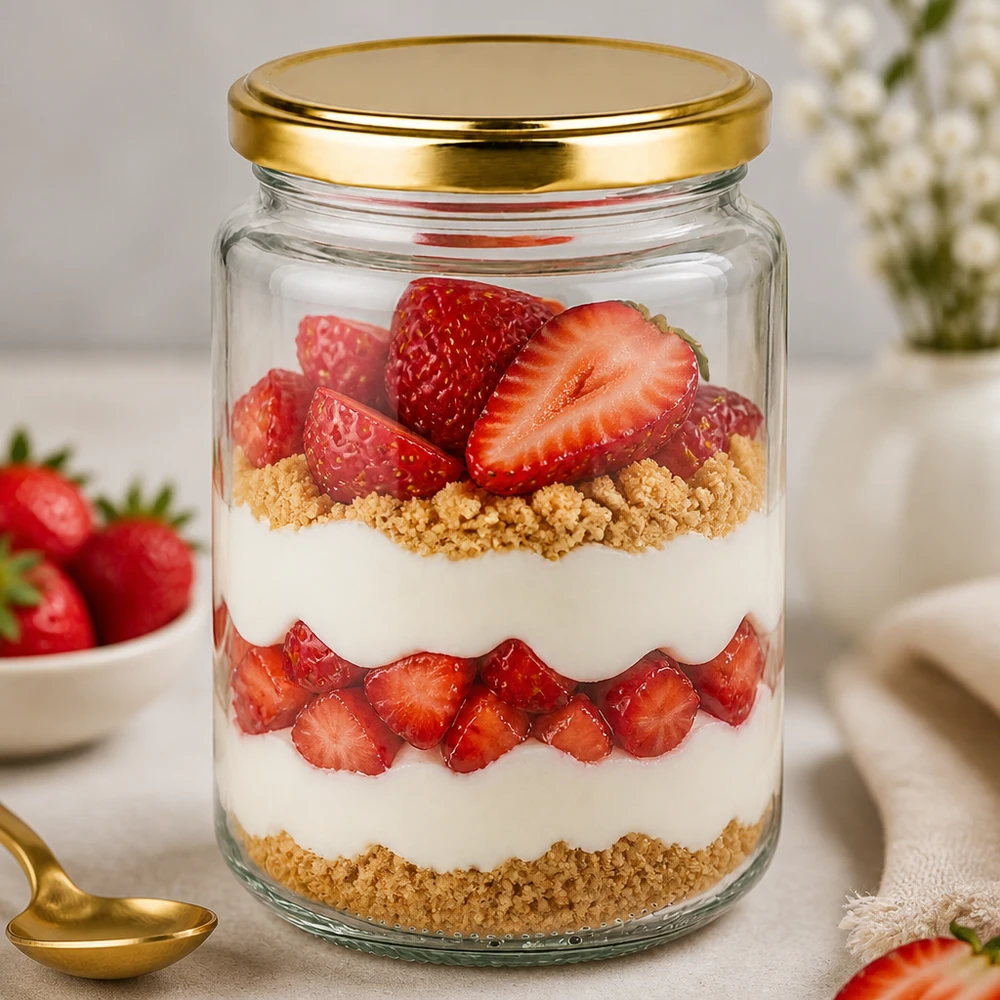 382ml Rundglas mit BasicSeal Deckel gold UNiTWIST 382ml Rundglas mit goldenem Deckel als Dessertglas mit Erdbeeren und Kekskrümeln in eleganter Küche