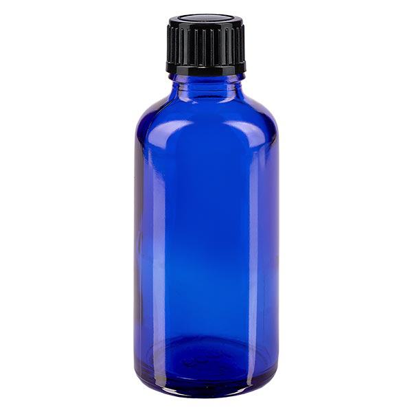 Apothekenflasche blau 50ml Tropfverschluss 1mm schwarz Standard Apothekenflasche blau 50ml Tropfverschluss 1mm schwarz Standard