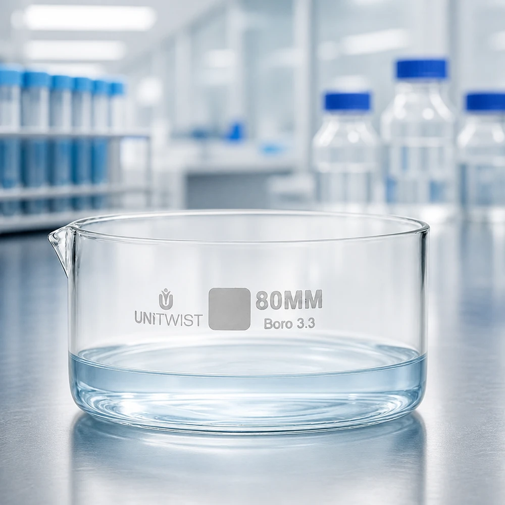 Kristallisierschale Boro 3.3 ø80mm UNiTWIST dickwandiges Glas vor Laborflaschen blauer Kappe