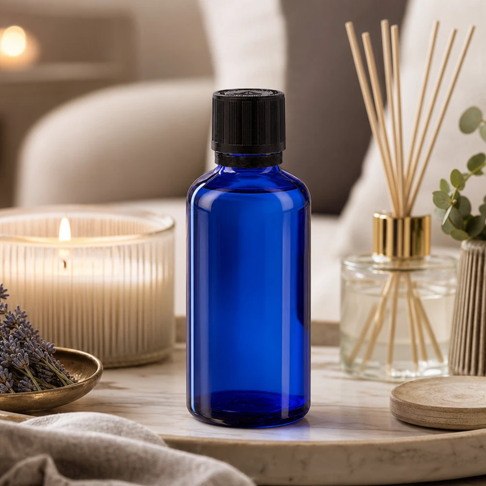 Apothekenflasche blau 50ml Tropfer Giessring 1mm schwarz Kindersicherung Blindenwarnsymbol Originalitätsverschluss Blaues Apothekerfläschchen 50ml mit Tropfer auf hellem Stein umgeben von Aromatherapie-Accessoires
