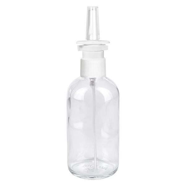 100ml Nasensprayflasche weiß/transparent Standardverschluss ClearLine UT18/100 Wiederbefüllbare 100ml Glasflasche transparent mit weißem Nasenspray-Pumpverschluss