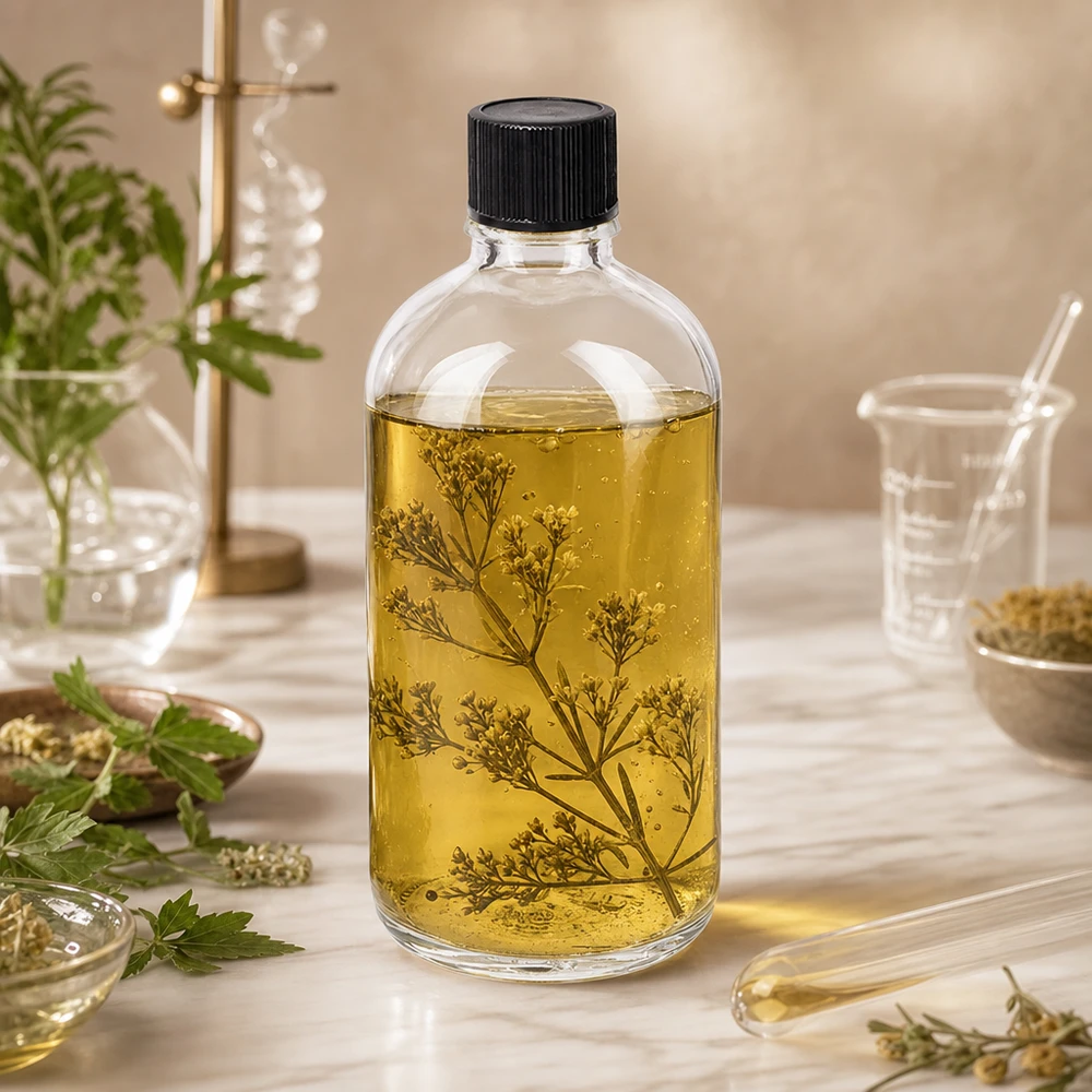Befüllte ClearLine Standardflasche 100ml UT18 mit goldgelbem Kräuteröl und botanischen Elementen