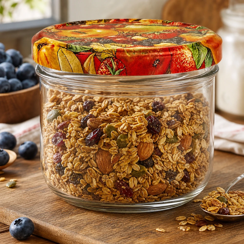 260ml Einmachglas mit Obst-Deckel gefüllt mit Müsli und Nüssen als Vorratsbehälter in der Küche