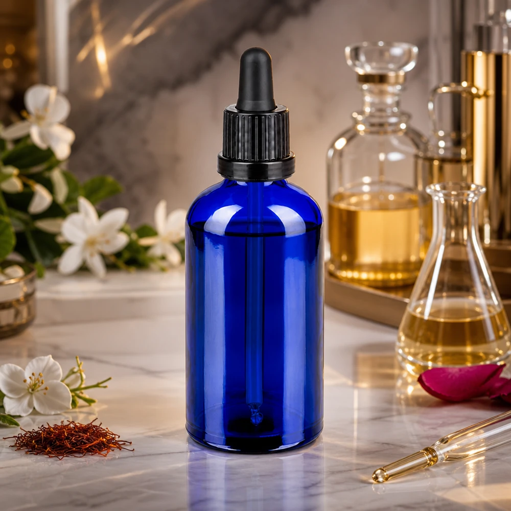 Premium Glasflasche 100ml mit Pipettenaufsatz in elegantem Blau-Schwarz Design für Naturkosmetik