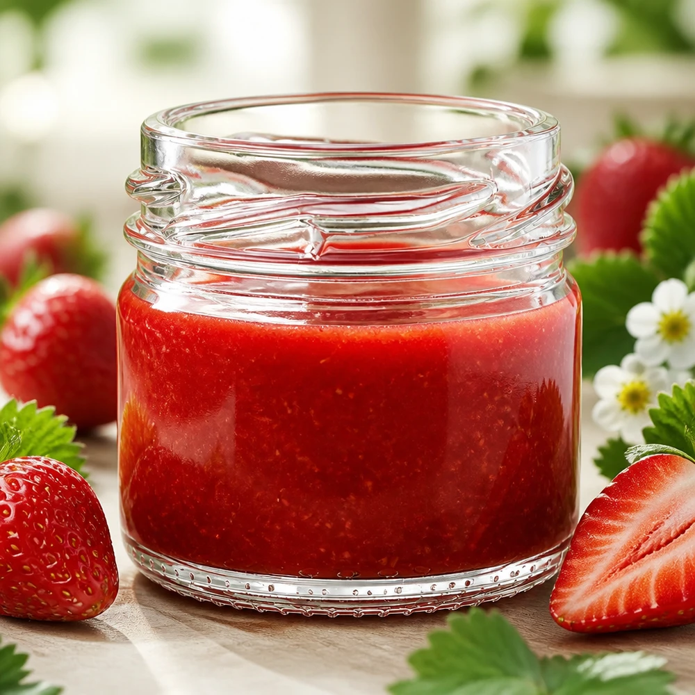 UNiTWIST Runda33 Vorratsglas 33ml TO43 aus Klarglas mit rotem Beerenkonfitüre befüllt