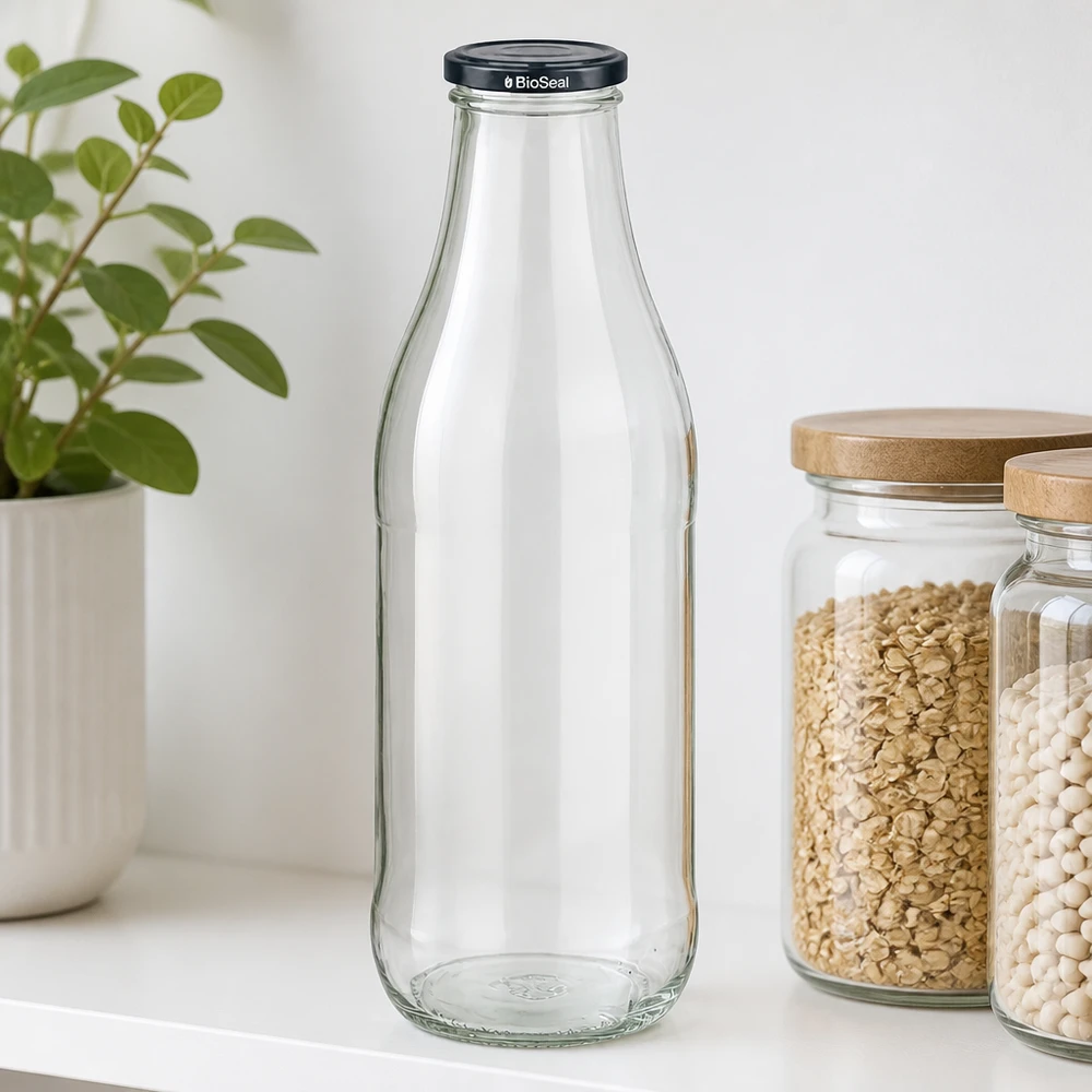 1000ml Glasflasche BioSeal Deckel schwarz Küchenregal Haferflocken weiße Bohnen Vorratsgläser Holzdeckel Pflanze