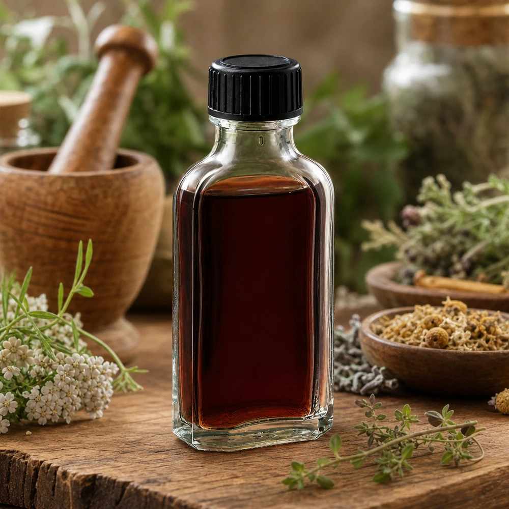 50 ml Meplat klar Schraubverschluss mit LKD-Dichtscheibe Kompakte 50ml Klarglasflasche mit geripptem Kunststoffdeckel in natürlicher Kräuterumgebung