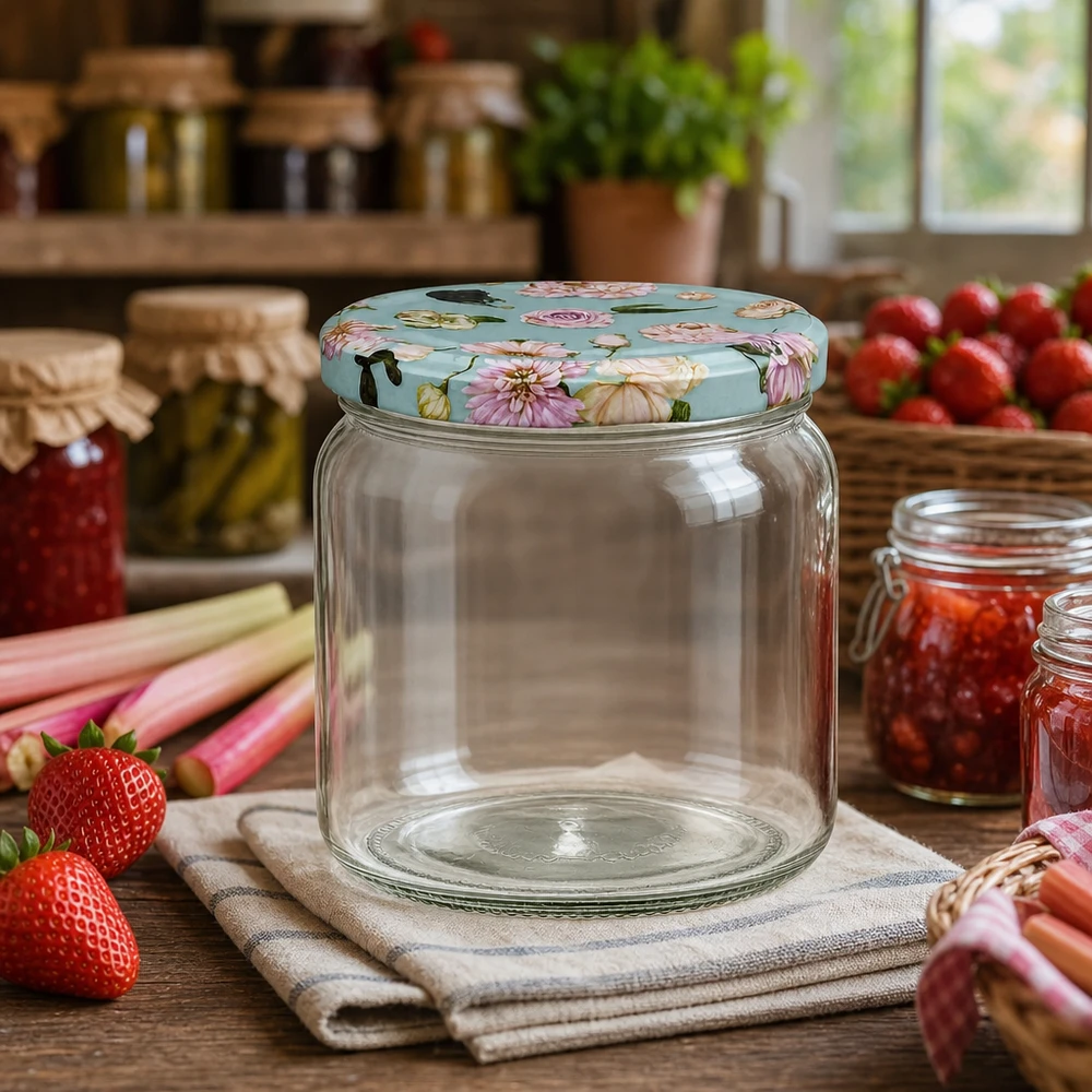 425ml Rundglas mit BasicSeal Deckel Blume mint in Küche mit Marmelade - Einmachglas für Konfitüre und Aufstriche