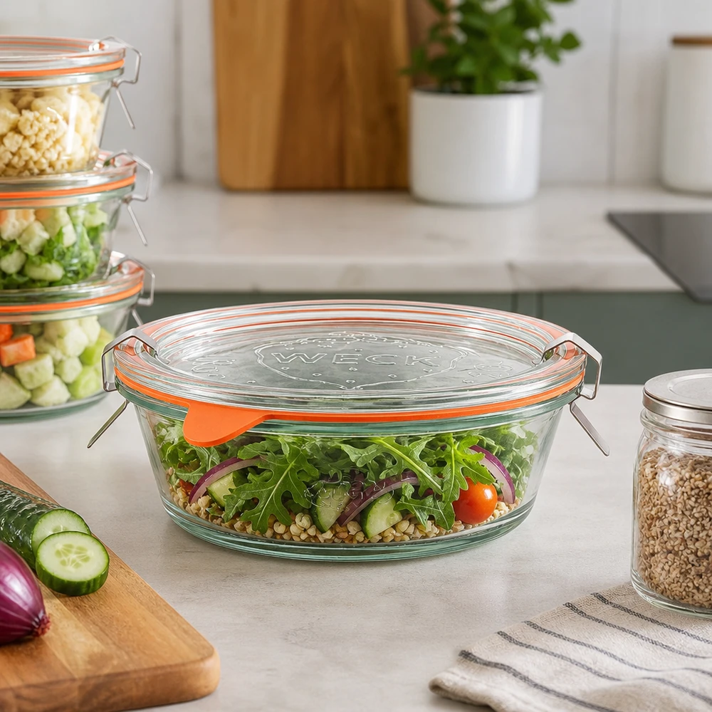 WECK Gourmetglas 300ml RR120 mit frischem Salat gefüllt auf Küchenarbeitsplatte, Meal Prep Container aus Glas