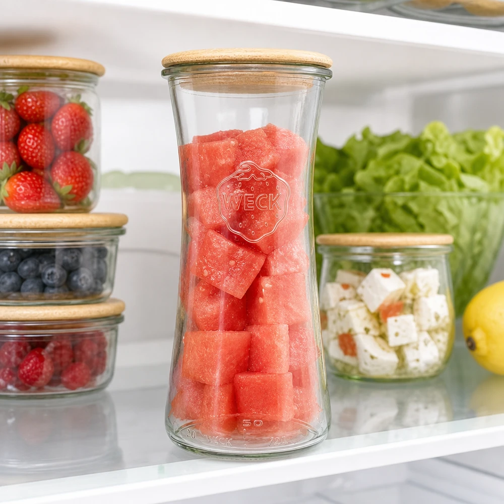WECK Vorratsglas 700ml RR80 gefüllt mit Wassermelone im Kühlschrank zwischen frischen Beeren und Salat