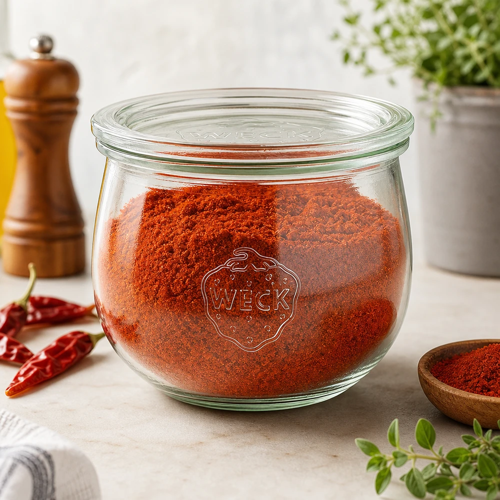 580ml Tulpenglas mit Glasdeckel WECK RR100 WECK Tulpenglas 580ml RR100 mit rotem Paprikapulver gefüllt als stilvolle Gewürz-Aufbewahrung in der Küche