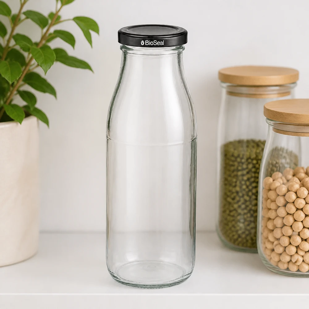 500ml Glasflasche mit schwarzem BioSeal Deckel in Küchenumgebung neben Vorratsgläsern mit Hülsenfrüchten und Pflanze