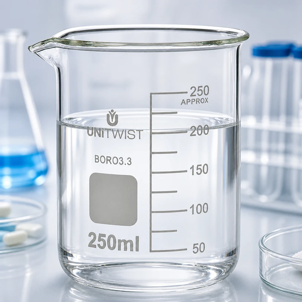 UNiTWIST Becherglas 250ml mit Graufeld für Beschriftung niedrige Form Borosilikatglas Labor