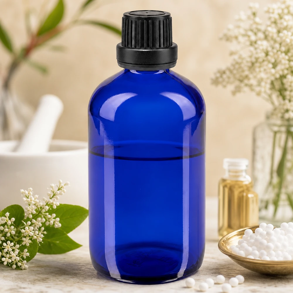 Apothekenflasche blau 100ml Schraubverschluss schwarz Dichteinlage Originalitätsverschluss Blaue Apothekerflasche 100ml mit Sicherheitsverschluss zwischen weißen Blüten und Ölen
