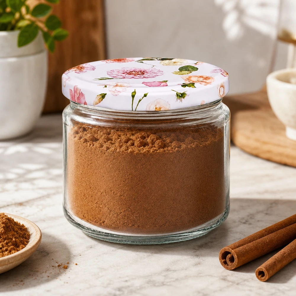 330ml Rundglas rosa Blumendekor gefüllt mit Kakaopulver Zimt Gewürzen Küche Vorratsbehälter luftdicht