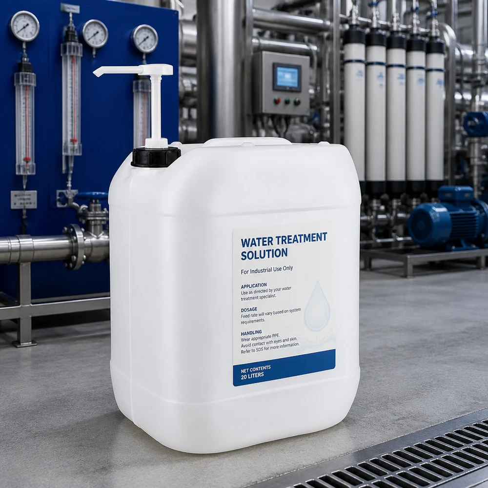 Kanister 20 Liter mit Dosierpumpe Großkanister 20 Liter mit weißer Pumpe und blauem Produktetikett auf Betonboden