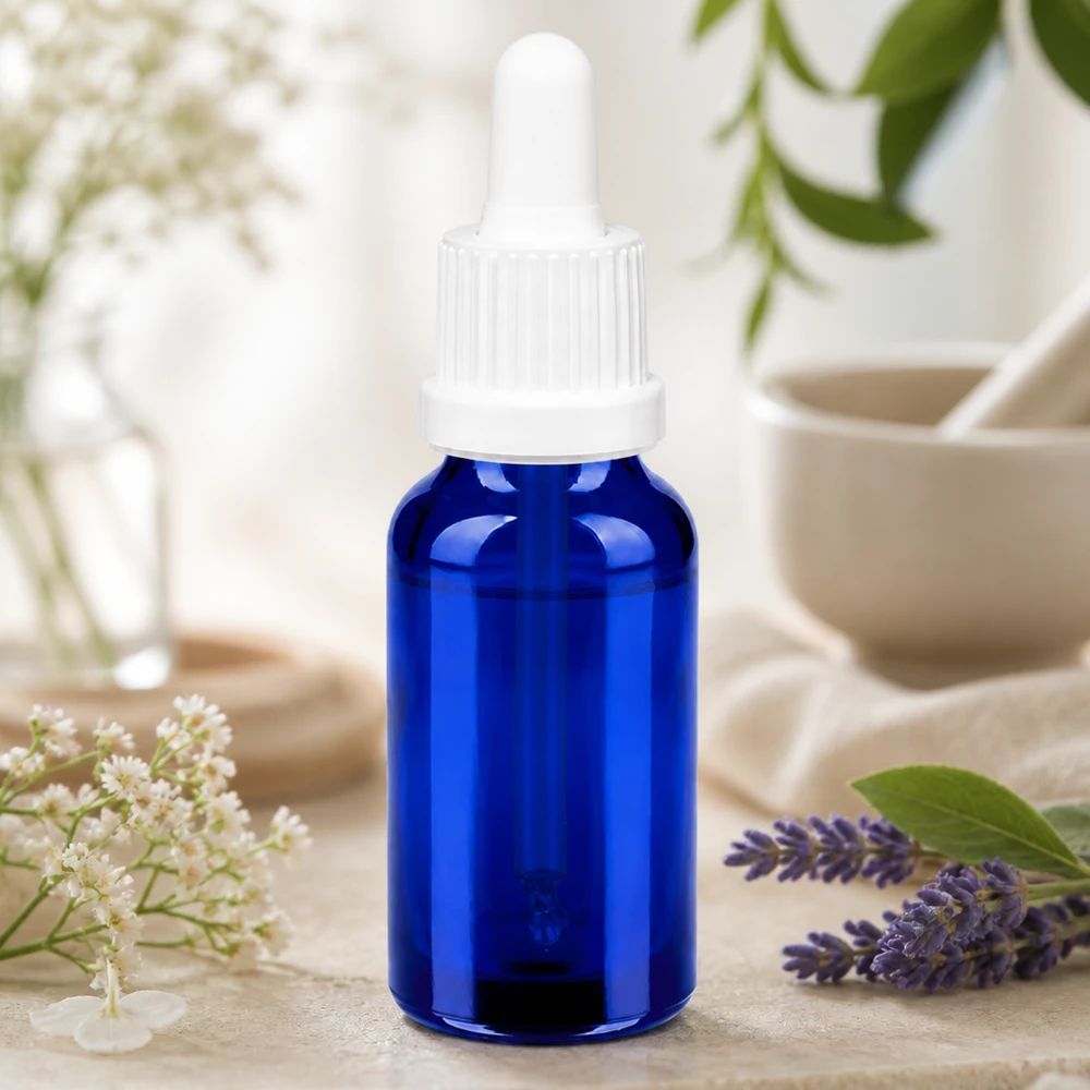 20ml Pipettenflasche weiß Originalitätsverschluss BlueLine UT18/20 Elegante 20ml Glasflasche in tiefblau mit funktionaler Tropfvorrichtung für Kosmetika