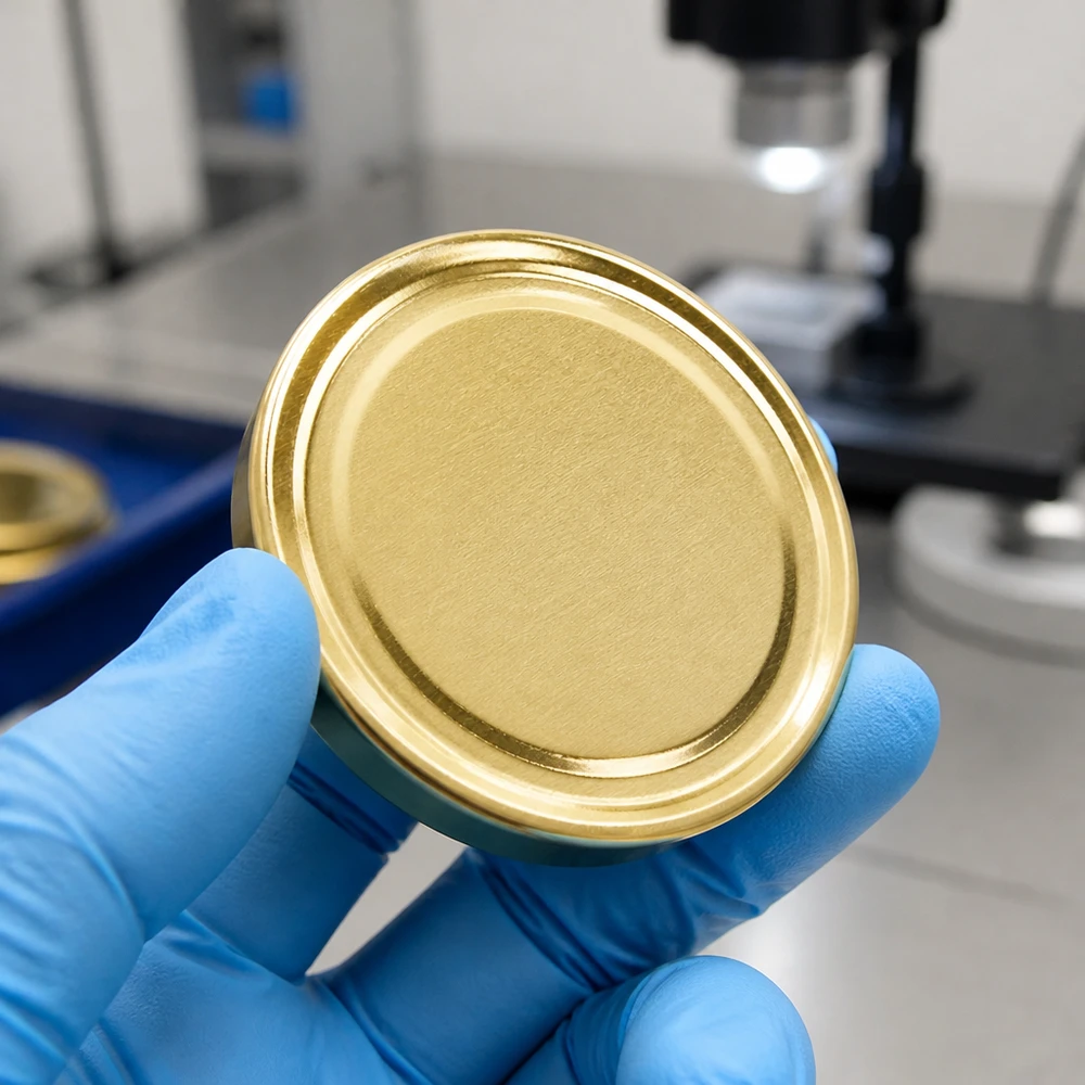 100mm BasicSeal Deckel gold (TO100) UNiTWIST Industrielle Fertigung BasicSeal TO100 Einweckdeckel 100mm gold UniTwist Nahaufnahme