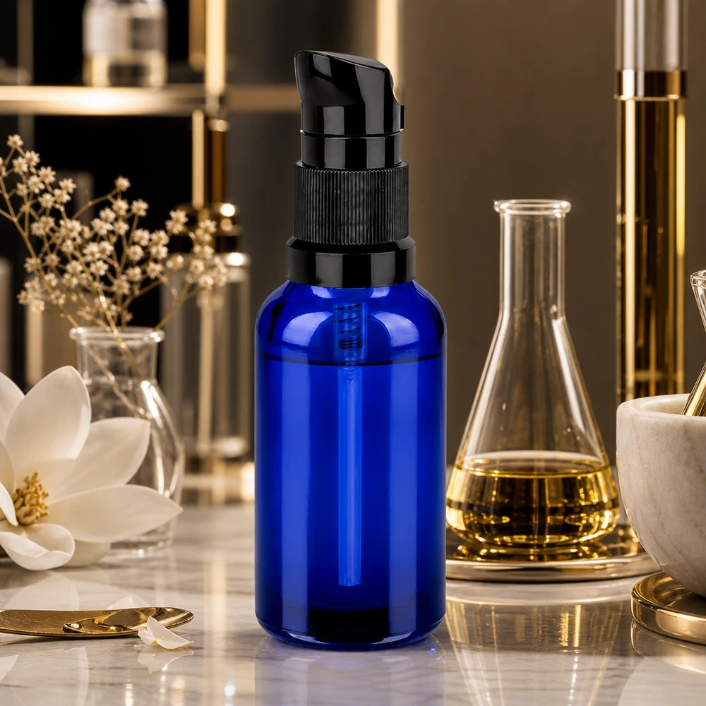 30ml Pumpflasche schwarz Standardverschluss BlueLine UT18/30 Stilvolle Glasflasche 30ml mit schwarzem Pumpmechanismus für hochkonzentrierte Wirkstoffe